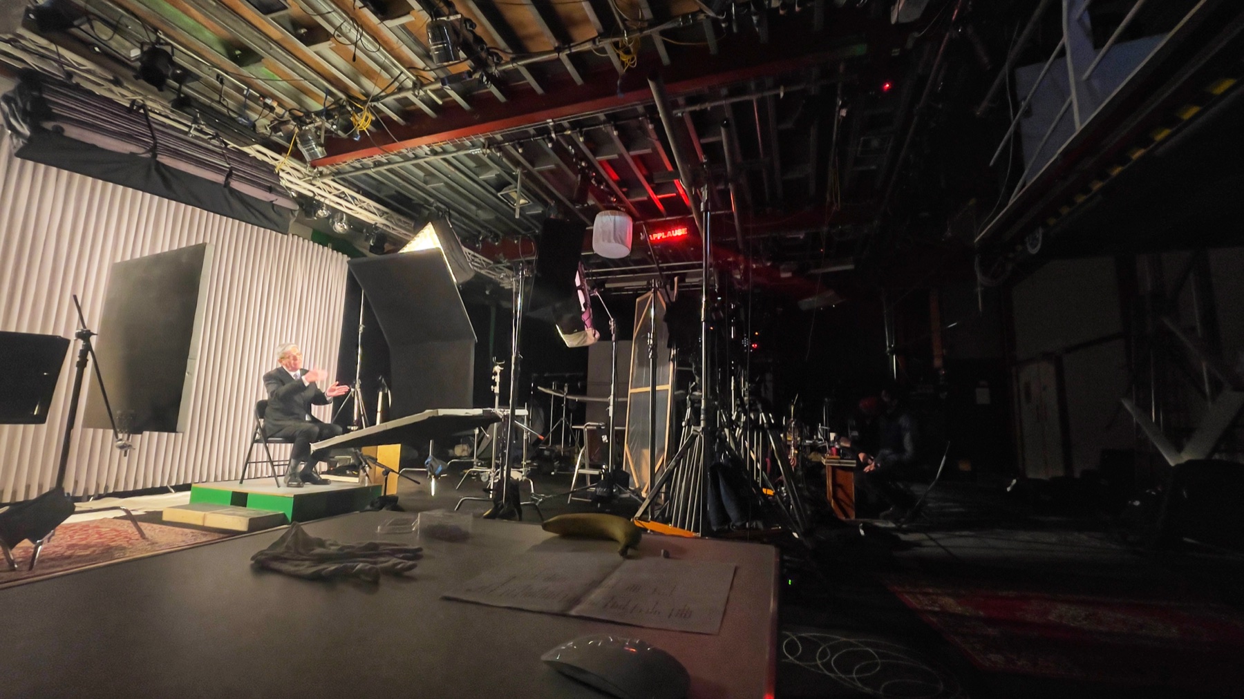 The interview stage and lighting setup during production